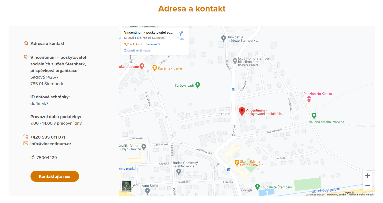 Mapa s polohou a kontaktními údaji Vincentina na levé straně