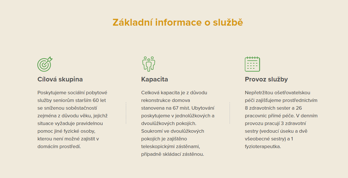 Ukázka zobrazení základních informací na stránceslužby